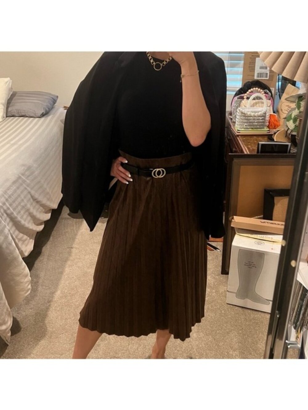 Andrew Marc Chocolate Brown Snakeskin Pleated Midi Skirt Size XS